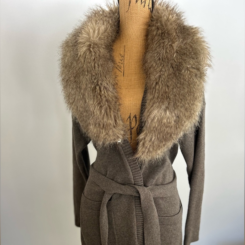 Banana Republic chocolate soft long sleeve tie cardigan sweater with faux fur